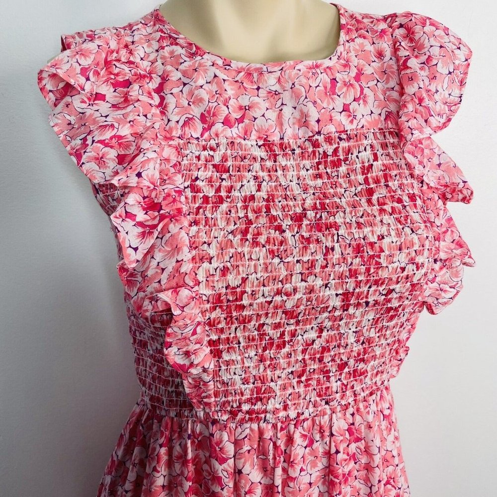 Gorgeous BANJANAN Iris Pink Floral Smocked Soft Cotton Clover Field Summer Dress - Picture 4 of 9